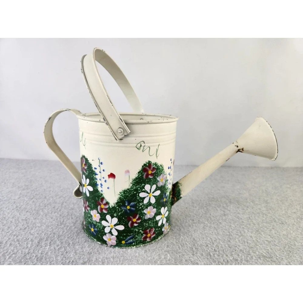 Vtg Decorative Hand Painted Watering Can Chippy Farmhouse Flowers Cottagecore